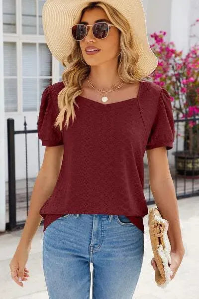 Eyelet Puff Sleeve T-Shirt Brick Red Women's T-Shirts - Tophatter Daily Deals